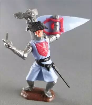 Timpo Middle-Age Great Helm Knight footed light blue & red (sword, black visor) bended legs