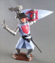 Timpo Middle-Age Great Helm Knight footed light blue & red (sword, black visor) bended legs