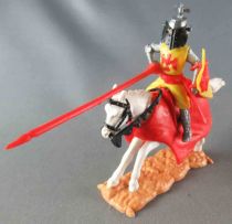 Timpo Middle-Age Great Helm Knight mounted Jousting yellow white galloping (long) horse (red cloak)