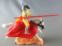 Timpo Middle-Age Great Helm Knight mounted Jousting yellow white galloping (long) horse (red cloak)