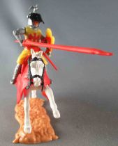 Timpo Middle-Age Great Helm Knight mounted Jousting yellow white galloping (long) horse (red cloak)