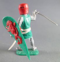 Timpo Middle-Age Medieval Knights footed green and red helmet one arm outstrectched (sword) bent legs