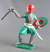 Timpo Middle-Age Medieval Knights footed green and red helmet one arm outstrectched (sword) bent legs