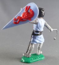 Timpo Middle-Age Medieval Knights footed light blue and dark helmet shield up (mace) advancing legs