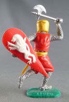 Timpo Middle-Age Medieval Knights footed red (white rose) and yellow helmet right arm up (axe) running legs