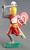 Timpo Middle-Age Medieval Knights footed red (white rose) and yellow helmet right arm up (axe) running legs