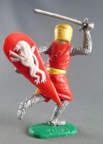 Timpo Middle-Age Medieval Knights footed red (white rose) yellow helmet right arm up (sword) running legs