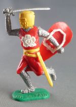 Timpo Middle-Age Medieval Knights footed red (white rose) yellow helmet right arm up (sword) running legs