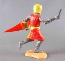 Timpo Middle-Age Medieval Knights footed red (yellow lily flower) yellow helmet right arm up (sword) running legs