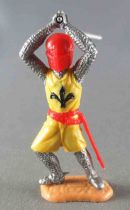 Timpo Middle-Age Medieval Knights footed yellow and red helmet both handed sword advancing legs