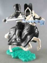 Timpo Middle-Age Medieval Knights Mounted Black (sword) White rearing up horse (black caparison) Blue Bridles