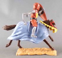 Timpo Middle-Age Medieval Knights mounted brown and brown helmet (sword) dark brown galoping (long) horse (light blue cloak)