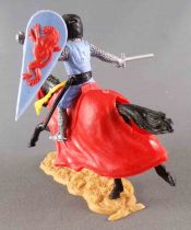 Timpo Middle-Age Medieval Knights mounted light blue and black helmet (sword) black galoping (long) horse (redcloak)