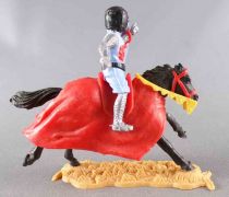 Timpo Middle-Age Medieval Knights mounted light blue and black helmet (sword) black galoping (long) horse (redcloak)