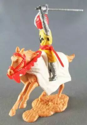Timpo Middle-Age Medieval Knights Mounted Yellow & Red Helmet Both Handed Sword Light Brown galloping horse (white caparison) Re