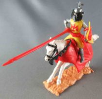 Timpo Moyen-Age Chevalier grand casque cavalier jaune Joutant cheval galop (long) blanc caparaçon rouge 