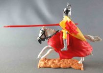 Timpo Moyen-Age Chevalier grand casque cavalier jaune Joutant cheval galop (long) blanc caparaçon rouge 