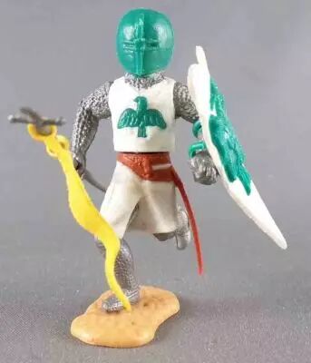 Timpo Moyen-Age Chevaliers M�dievaux Pi�ton Blanc Casque Vert �tandart jambes courantes Socle sable