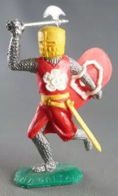 Timpo Moyen-Age chevaliers m�dievaux pi�ton rouge (fleur blanche) casque jaune hache jambes courantes