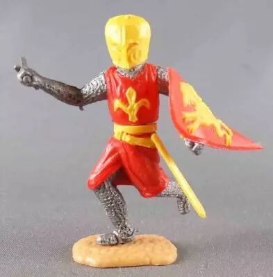 Timpo Moyen-Age chevaliers m�dievaux pi�ton rouge (fleur de lys jaune) casque jaune �p�e jambes courantes