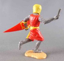 Timpo Moyen-Age chevaliers médievaux piéton rouge (fleur de lys jaune) casque jaune épée jambes courantes
