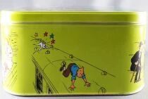 Tintin - Boite &agrave; G&acirc;teaux Carr&eacute;e Coins Ronds Delacre - Tintin & Les Trains - Tintin & Milou sur le Marchepied