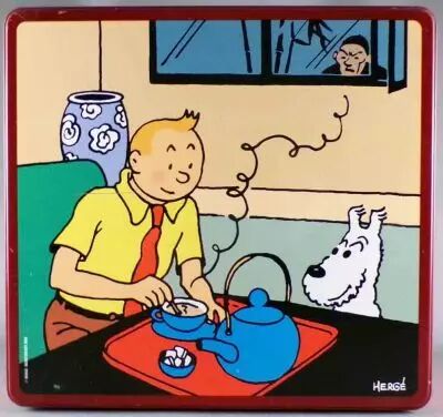 Tintin - Boite � G�teaux Carr�e Delacre - Tintin boit du Th� Le Lotus bleu