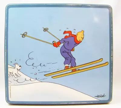 Tintin - Boite � g�teaux carr�e Delacre - Tintin et les Sports d\'Hiver