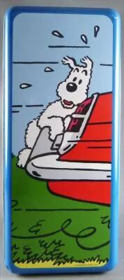 Tintin - Boite � g�teaux rectangulaire Delacre - Milou accroch� � l\'arri�re d\'une voiture