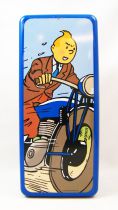 Tintin - Delacre Tin Cookie Box (Rectangular) - Tintin on motorcycle