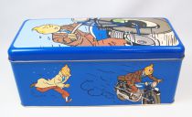 Tintin - Delacre Tin Cookie Box (Rectangular) - Tintin on motorcycle