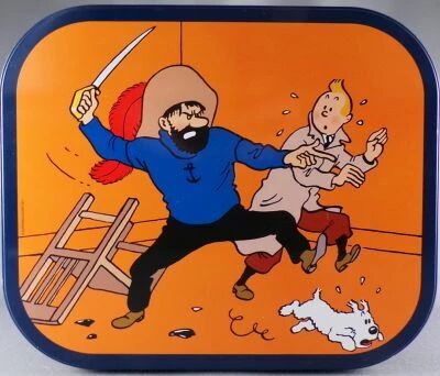 Tintin - Delacre Tin Cookie Box (Square Rond Corners) - The Secret of the Unicorn - Haddock with Saber