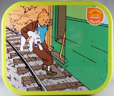 Tintin - Delacre Tin Cookie Box (Square Rond Corners) - Tintin & The Trains - Tintin & Snowy on the Footboard - Haddock with Sab