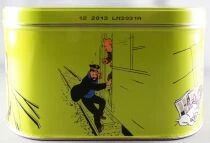 Tintin - Delacre Tin Cookie Box (Square Rond Corners) - Tintin & The Trains - Tintin & Snowy on the Footboard - Haddock with Sab