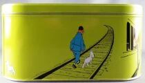 Tintin - Delacre Tin Cookie Box (Square Rond Corners) - Tintin & The Trains - Tintin & Snowy on the Footboard - Haddock with Sab