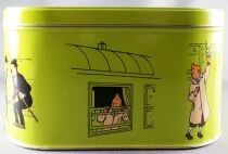 Tintin - Delacre Tin Cookie Box (Square Rond Corners) - Tintin & The Trains - Tintin & Snowy on the Footboard - Haddock with Sab